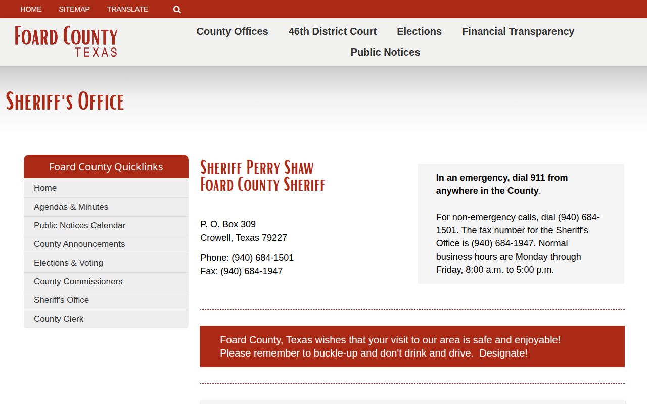 Foard County Sheriff's Office official contact page