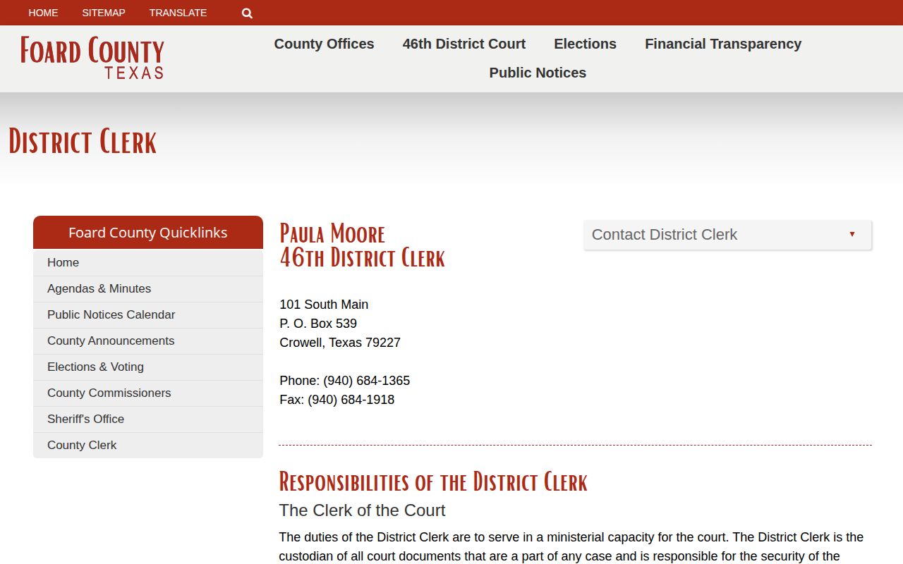 Foard District Clerk official court records contact page