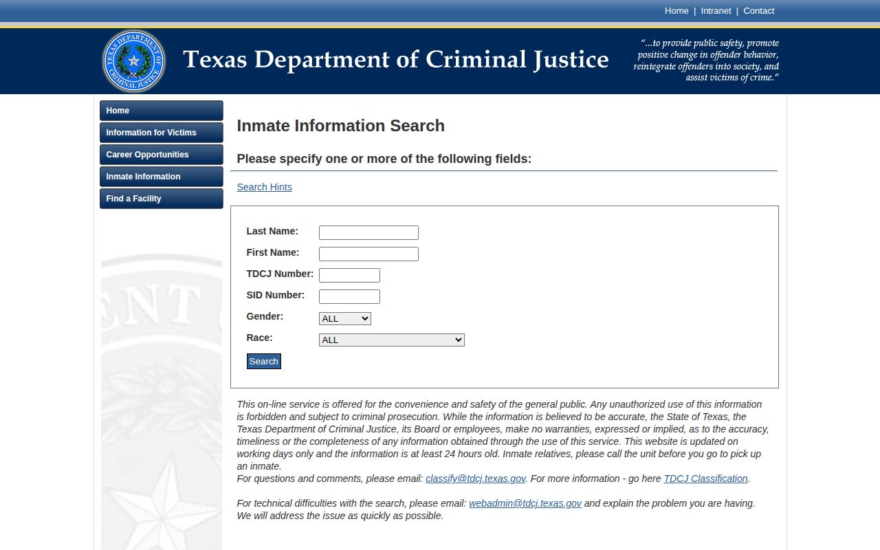 Texas Department of Criminal Justice online inmate search interface